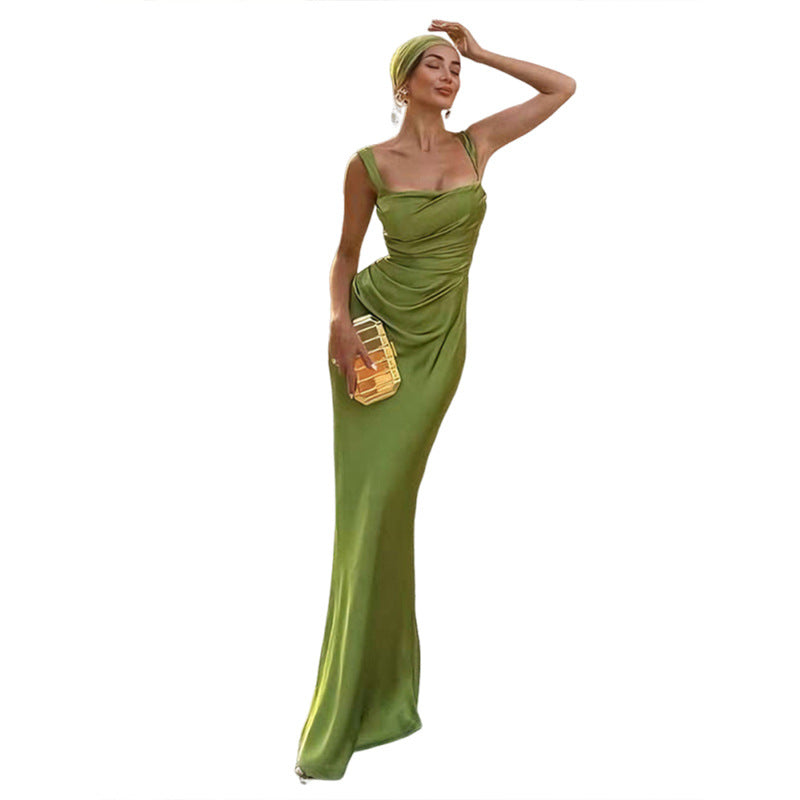Emerald Green Pleated Backless Maxi Dress