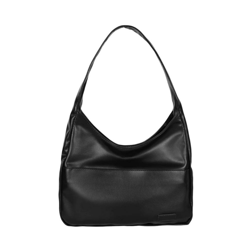 Sac à main noir en cuir synthétique, design minimaliste, bandoulière large, style moderne et élégant, parfait pour la mode urbaine et quotidienne.