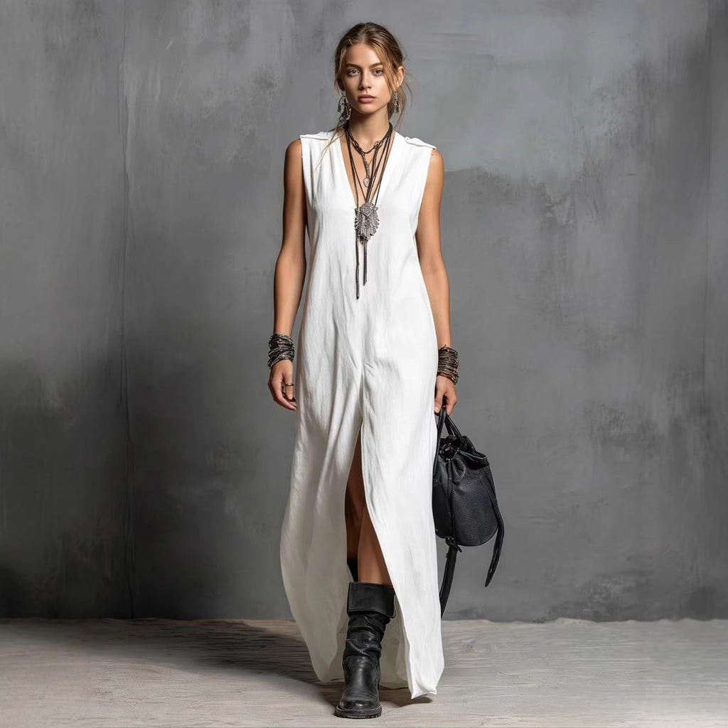 Robe longue fendue à encolure V, coupe ample