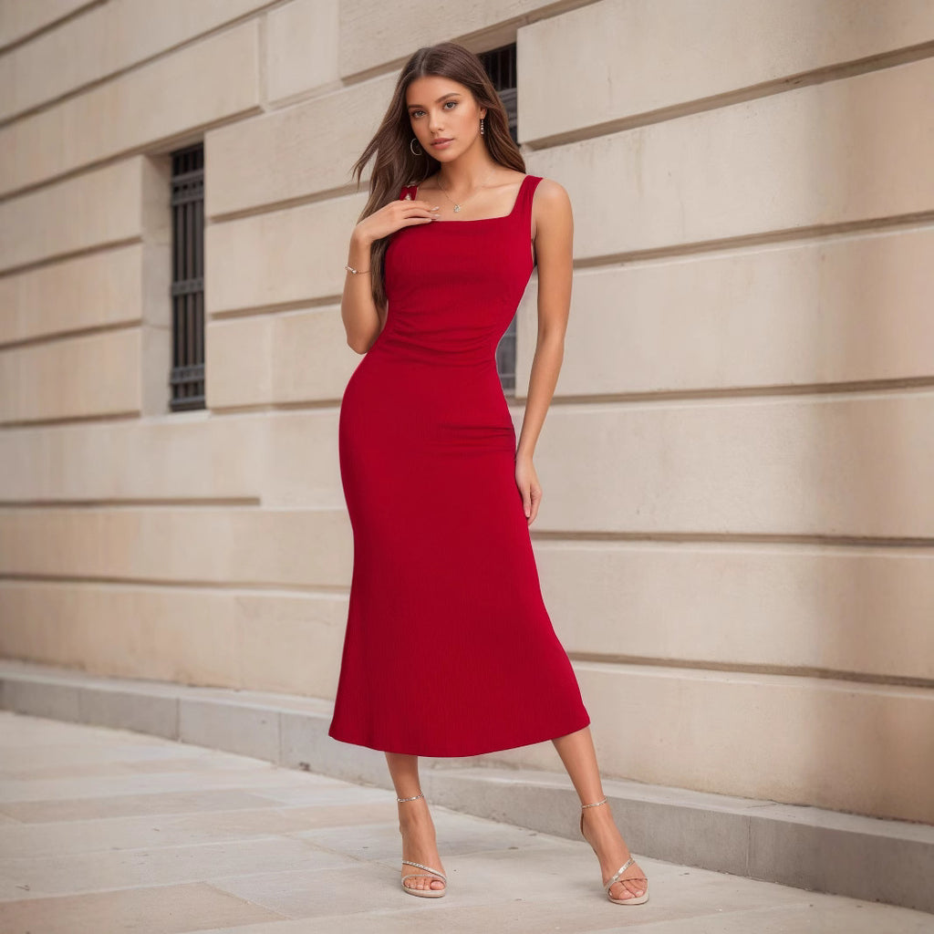 Robe Maxi Cintrée Rouge à Dos Ouvert
