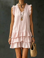 Robe fluide col V volants - Coupe ample midi