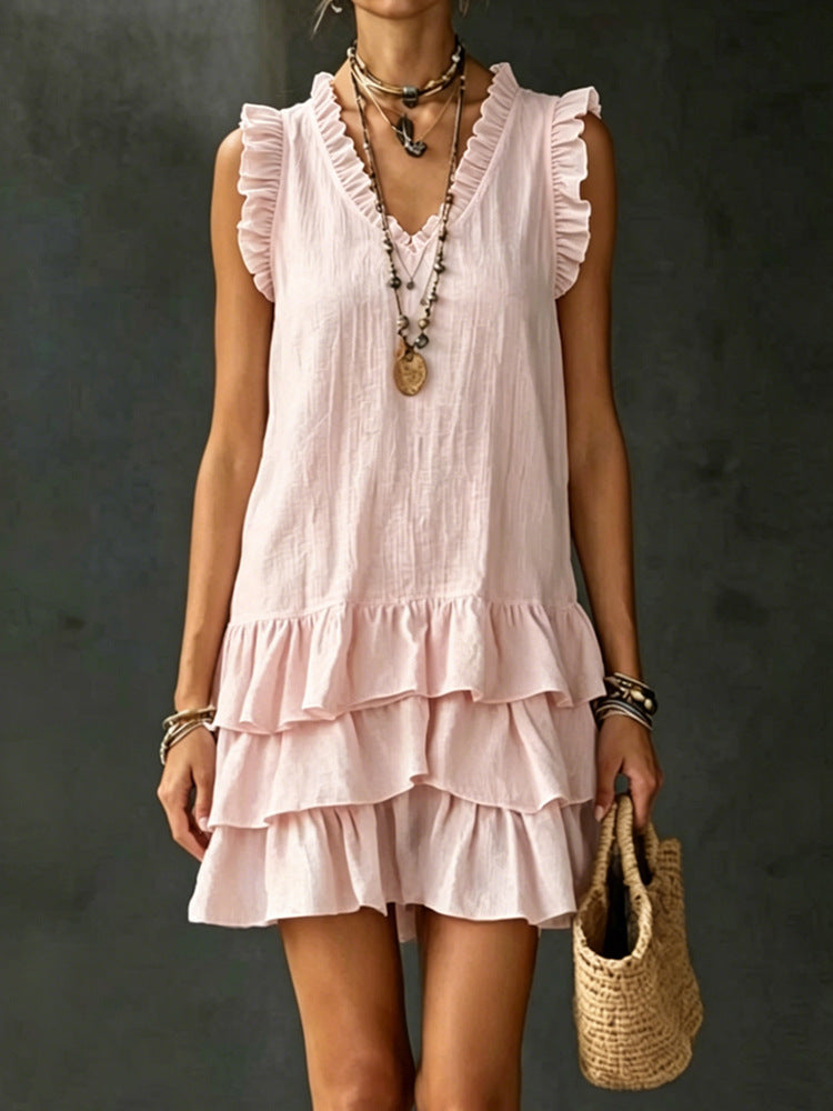 Robe fluide col V volants - Coupe ample midi