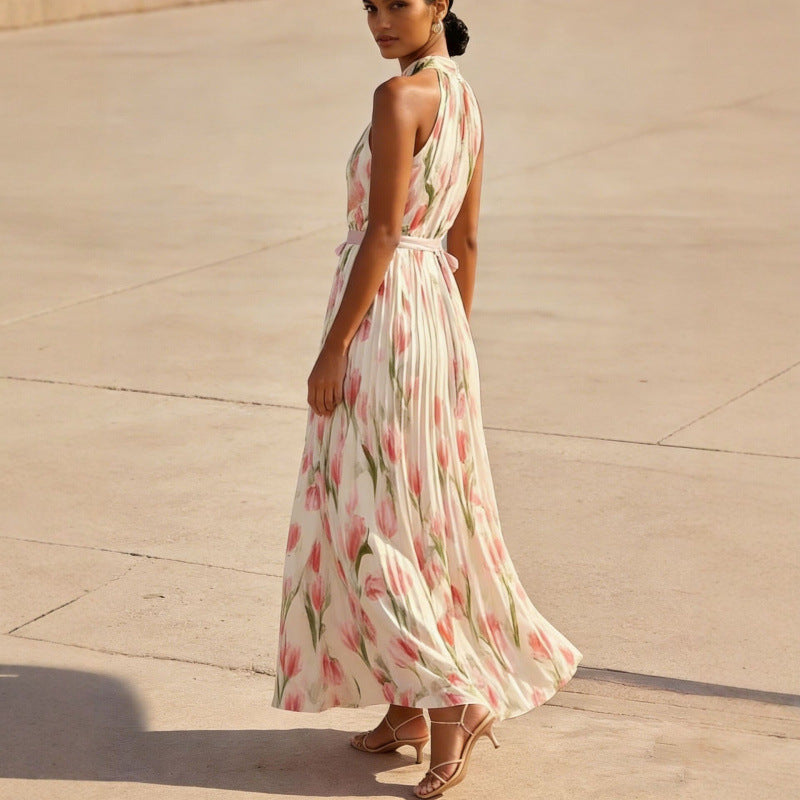 Flowy halter-neck wrap dress with floral print