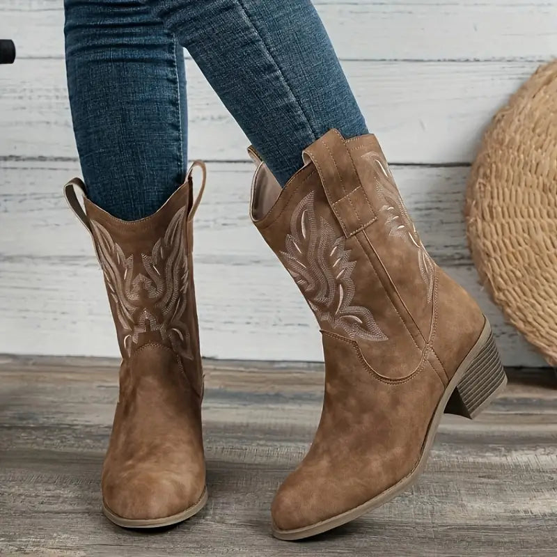 Bottes western en cuir marron avec broderie, portées avec un jean bleu, posées sur un sol en bois, style cowboy, mode automne-hiver.