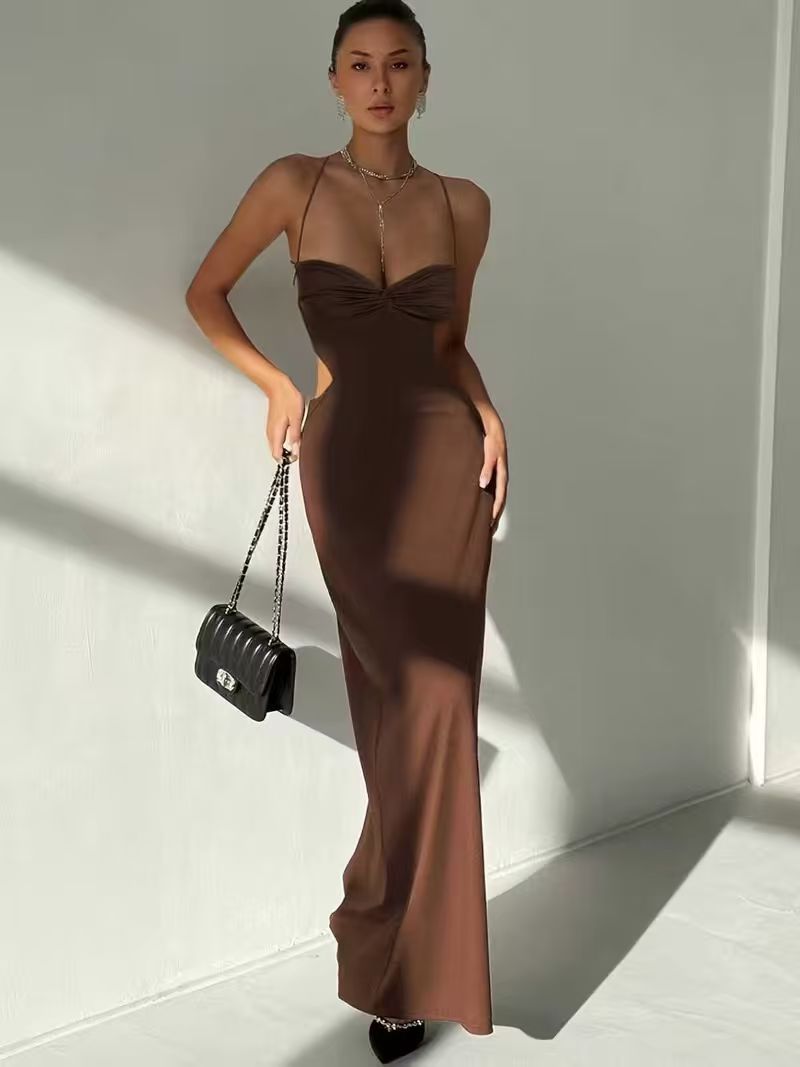 Robe Longue Dos Nu Élégante — Noir, Rouge ou Marron