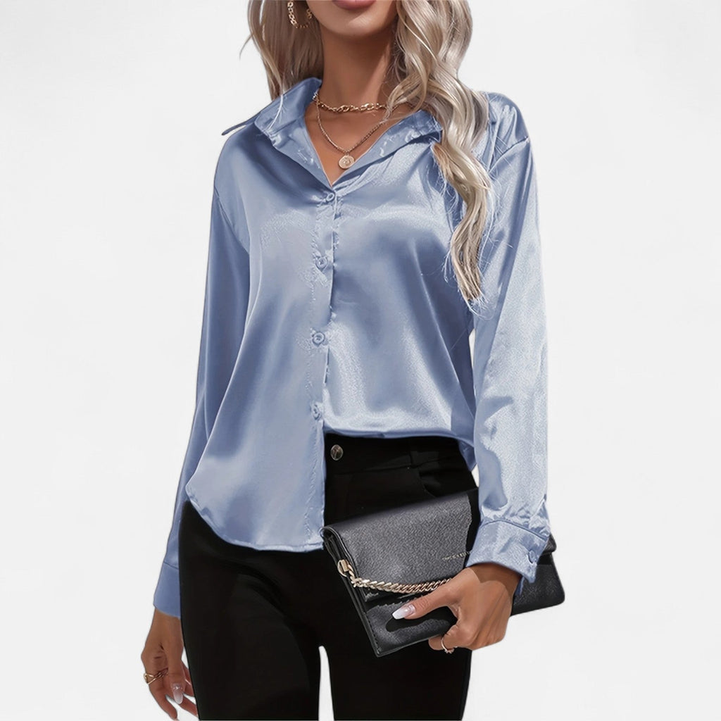 Chemisier boutonné en satin pour femme – Chemise classique à manches longues et revers