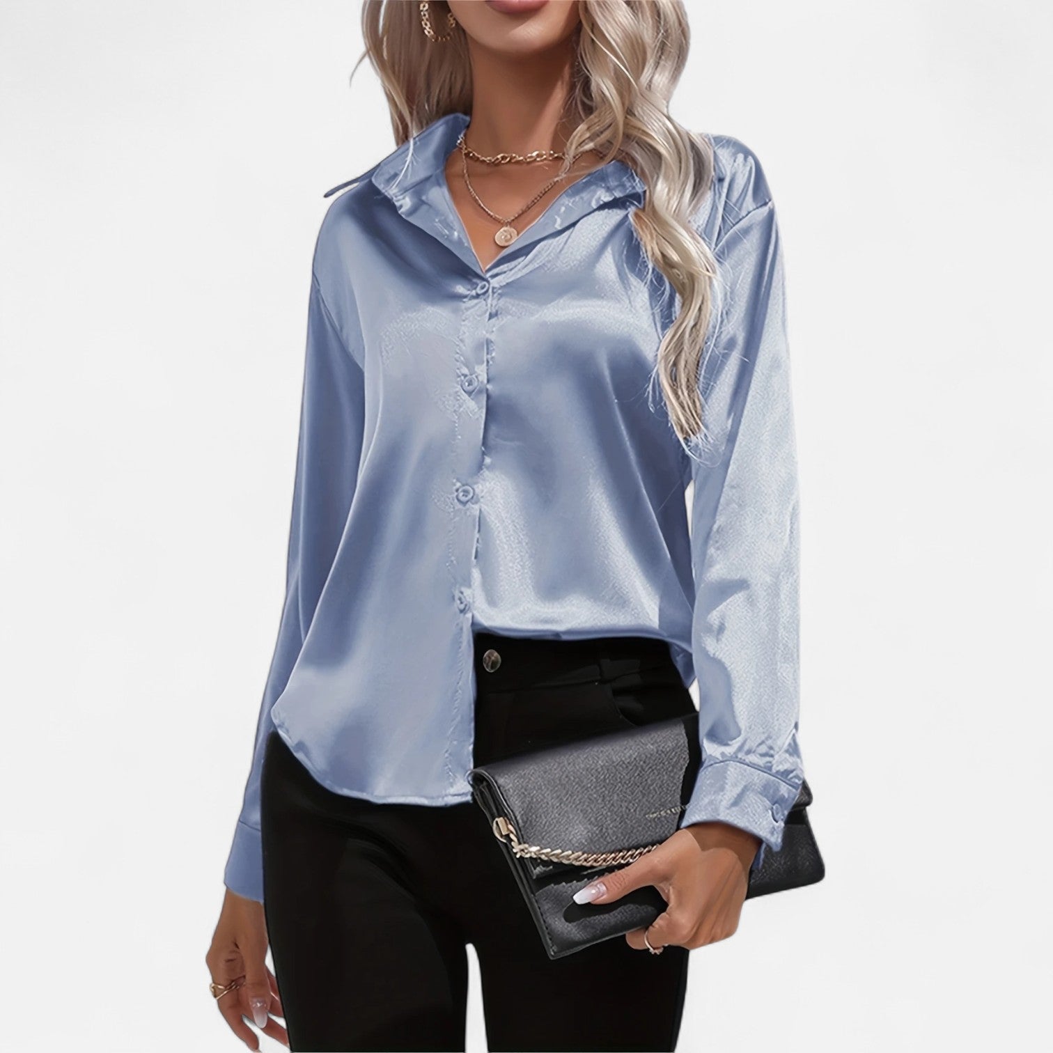 Chemisier boutonné en satin pour femme – Chemise classique à manches longues et revers