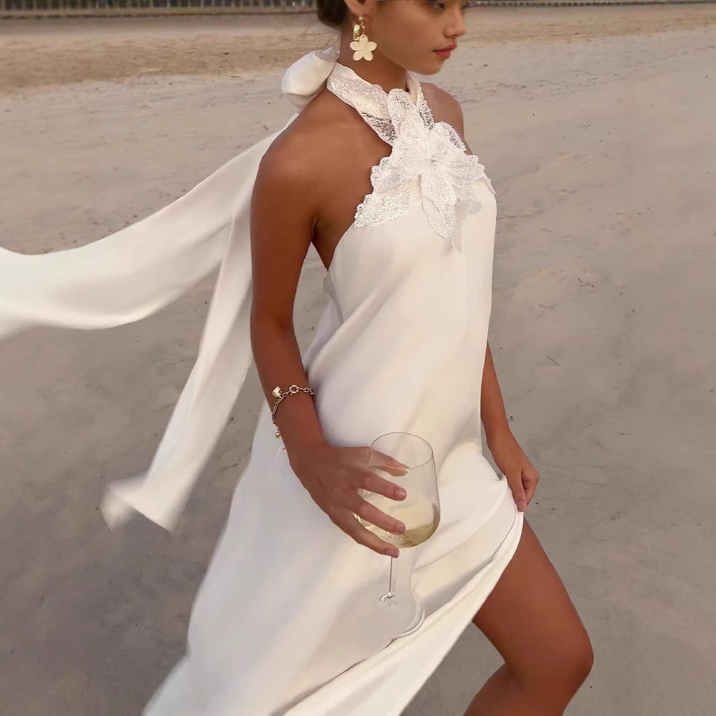 Robe longue de soirée licou en crochet dos nu