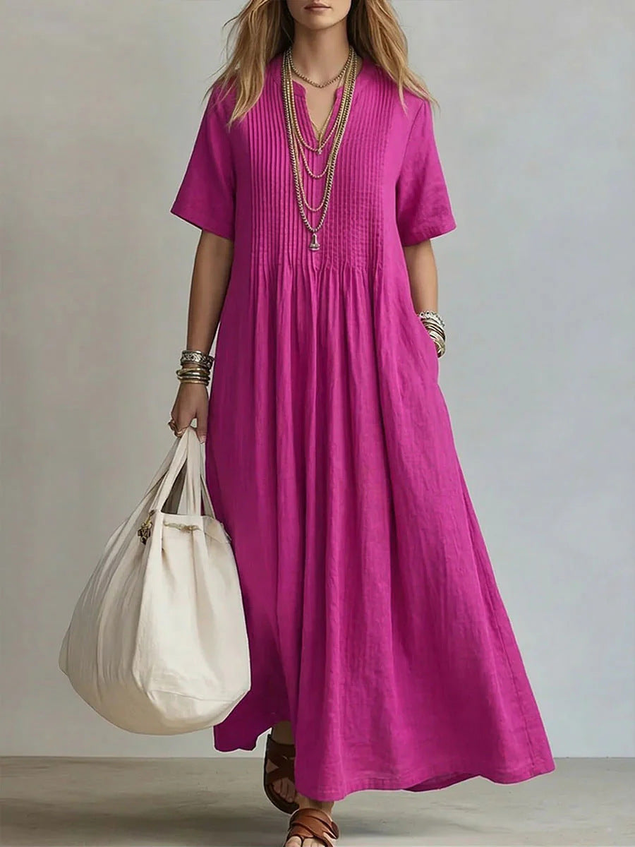 Robe lin coton longueur maxi, col V et fronces