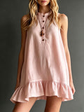 Robe midi col montant lin-coton à volant