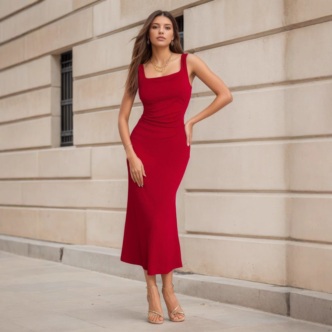 Robe Maxi Cintrée Rouge à Dos Ouvert