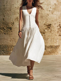 Asymmetrical V-neck long dress, linen and cotton