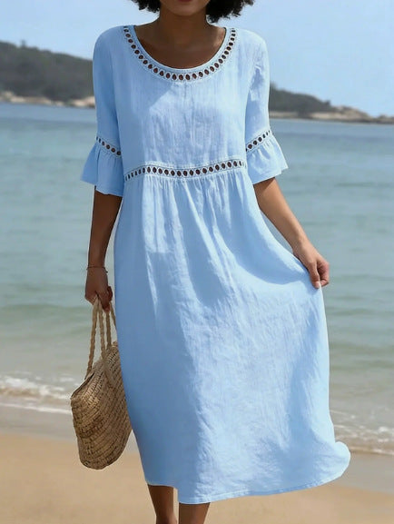 Robe élégante lin-coton, col rond, manches trois-quarts