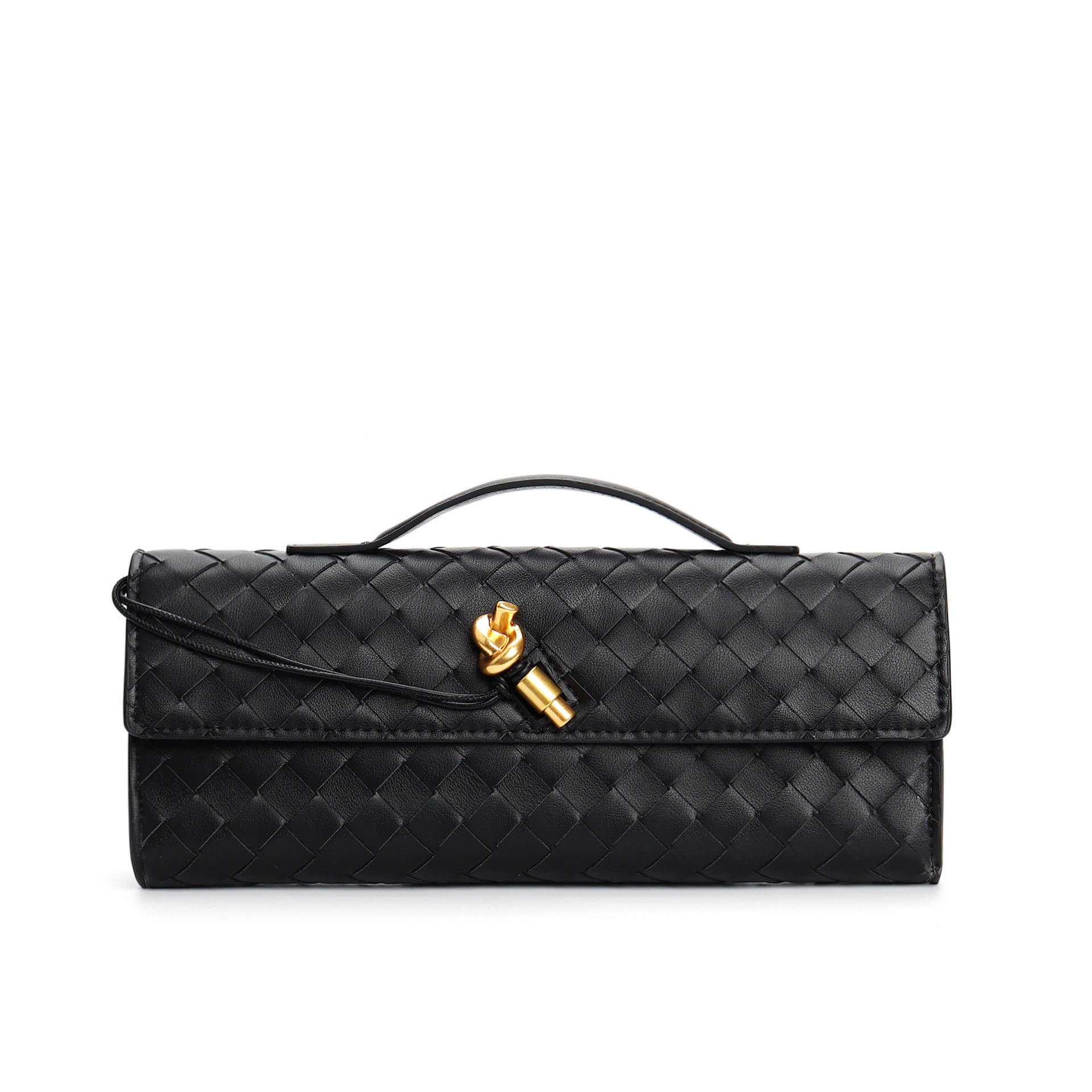 Sac à main en cuir noir tressé avec poignée, fermoir doré élégant. Accessoire de mode chic et tendance pour femme.