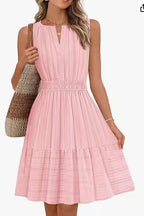 Bohemian pleated linen dress, round neck, fitted waist