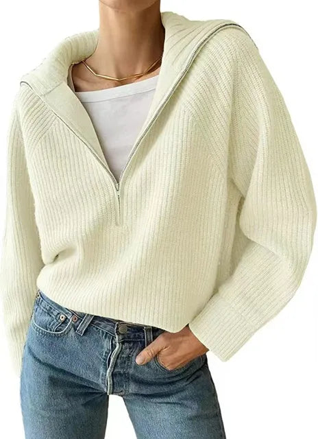 Ribbed knit jumper with a stand-up collar and zip fastening