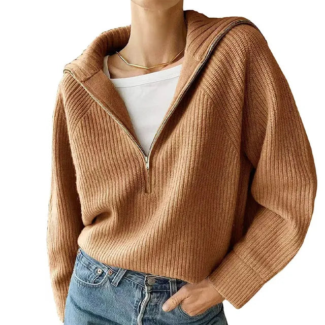Ribbed knit jumper with a stand-up collar and zip fastening
