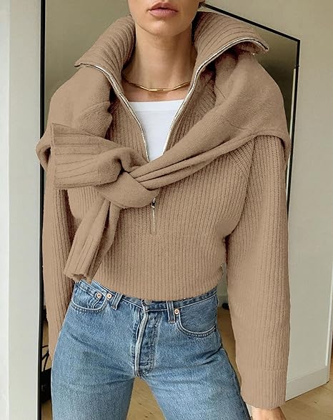 Ribbed knit jumper with a stand-up collar and zip fastening