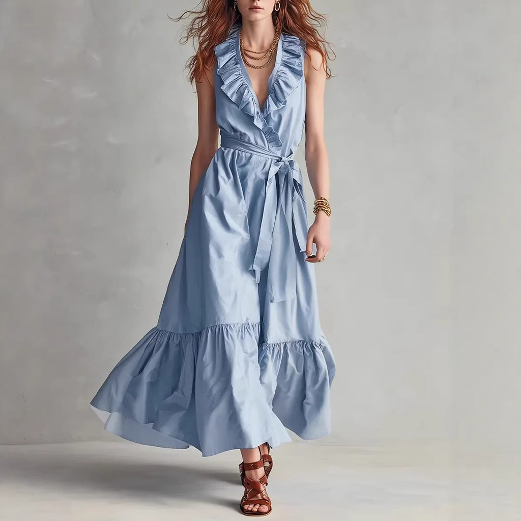 Robe patineuse col V sans manches à laçage
