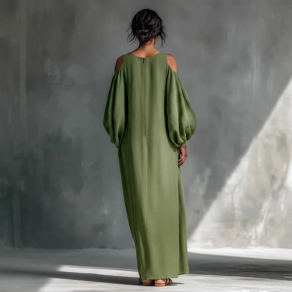 Robe lin vert épaulés dénudés, coupe ample et fluide