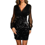 Robe courte en strass à manches longues mousseline