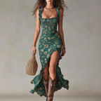 Asymmetric high-waisted ruffled maxi dress