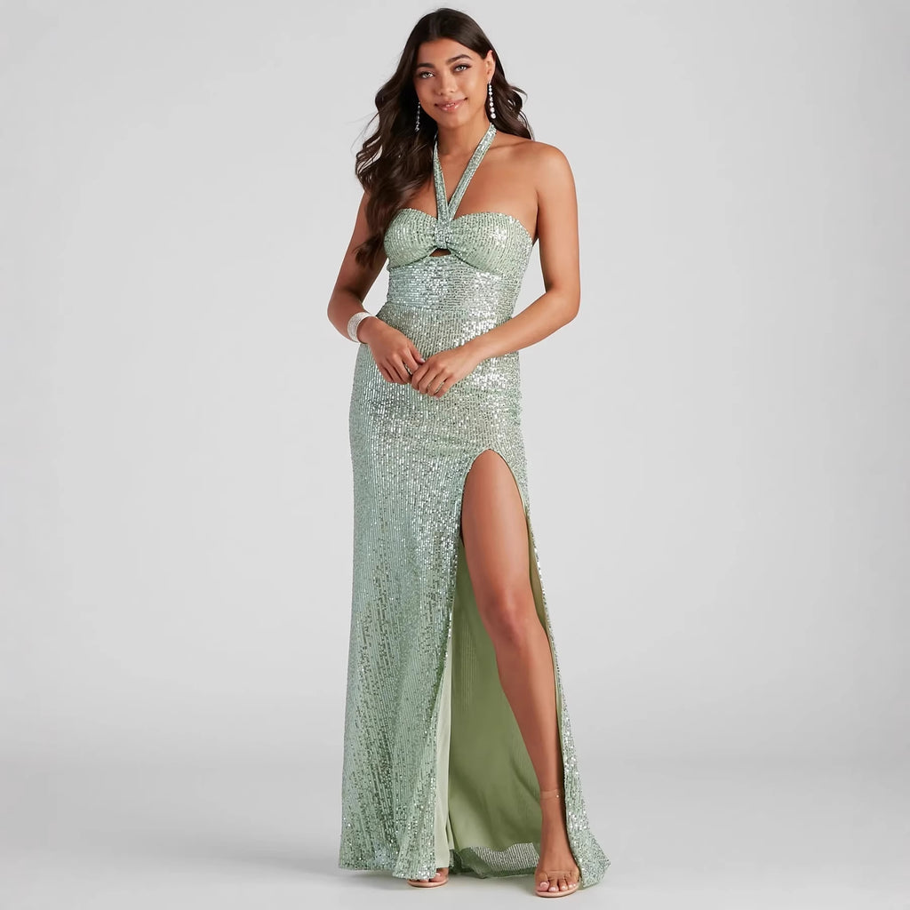 Robe longue pailletée col halter bleu émeraude