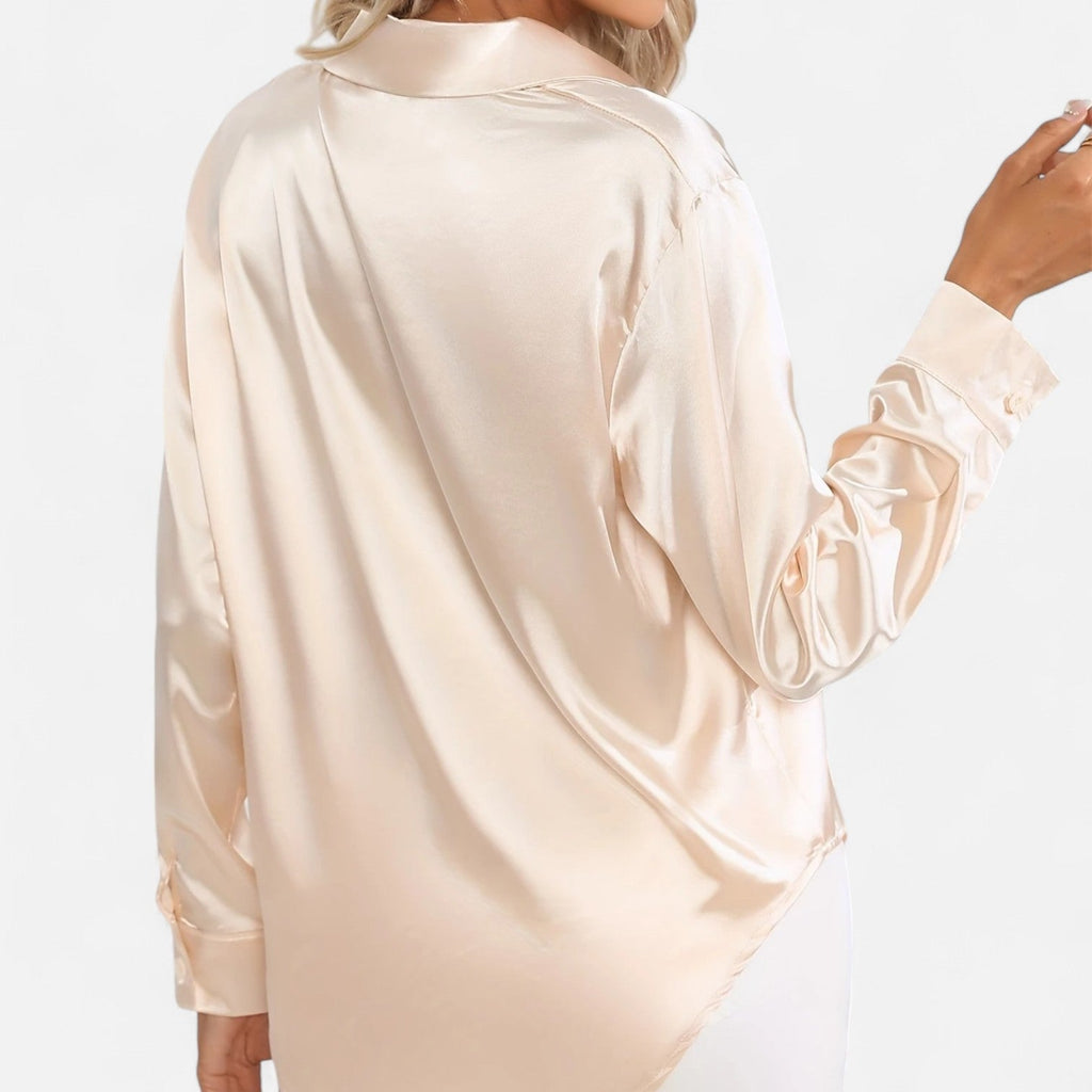 Chemisier boutonné en satin pour femme – Chemise classique à manches longues et revers