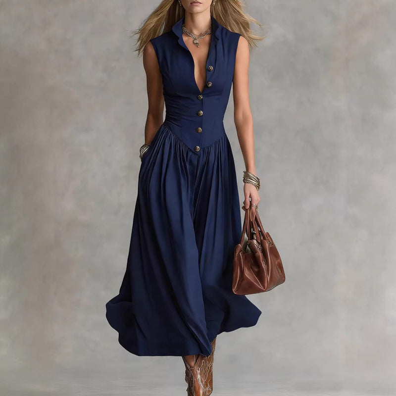 Robe longue épurée à col tailleur et patchwork