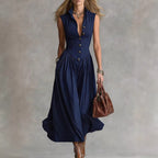 Robe longue épurée à col tailleur et patchwork