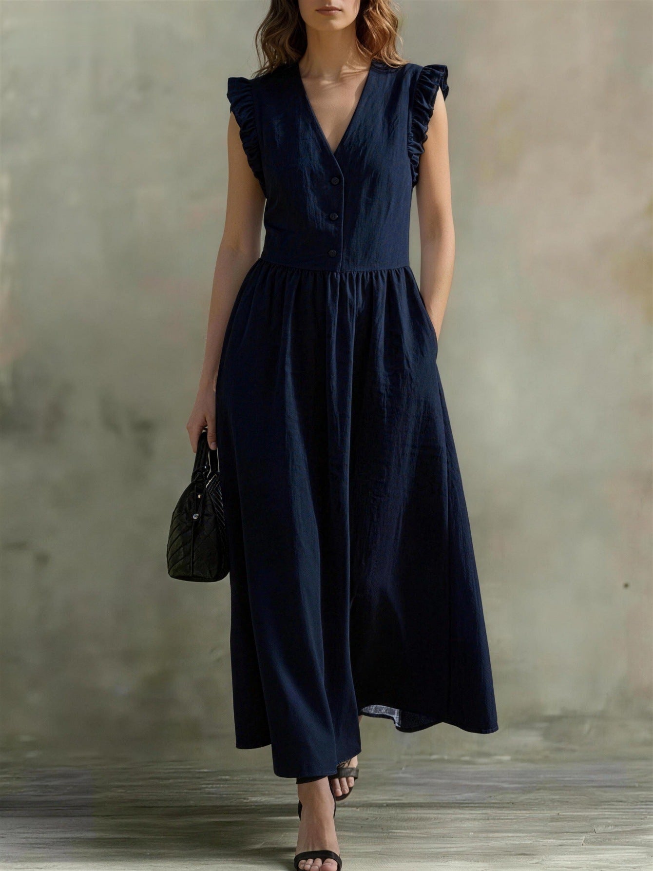 Linen and cotton wrap dress, loose fit with pockets