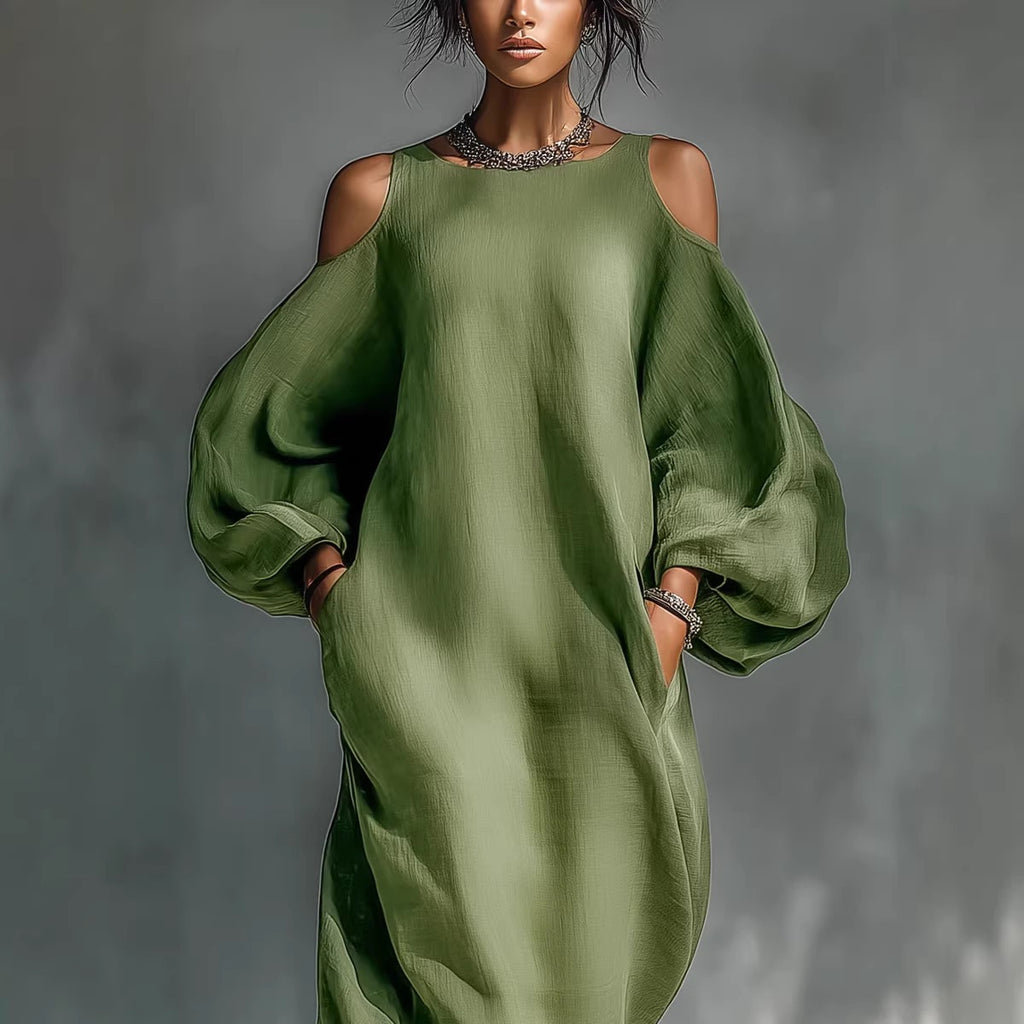 Robe lin vert épaulés dénudés, coupe ample et fluide
