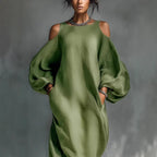 Robe lin vert épaulés dénudés, coupe ample et fluide