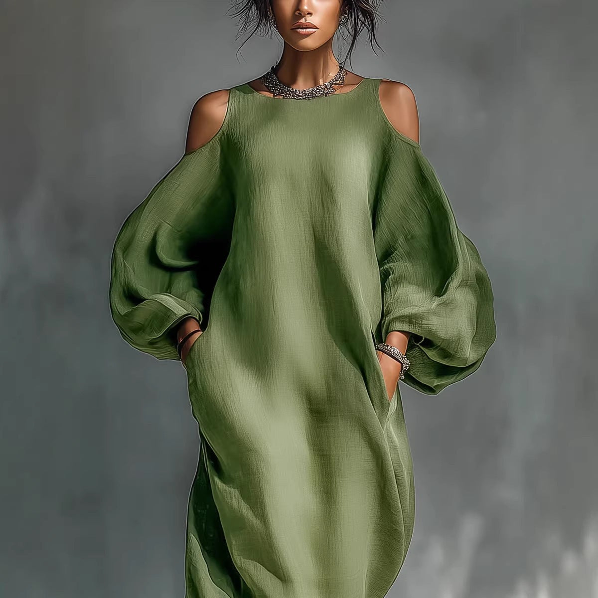 Robe lin vert épaulés dénudés, coupe ample et fluide