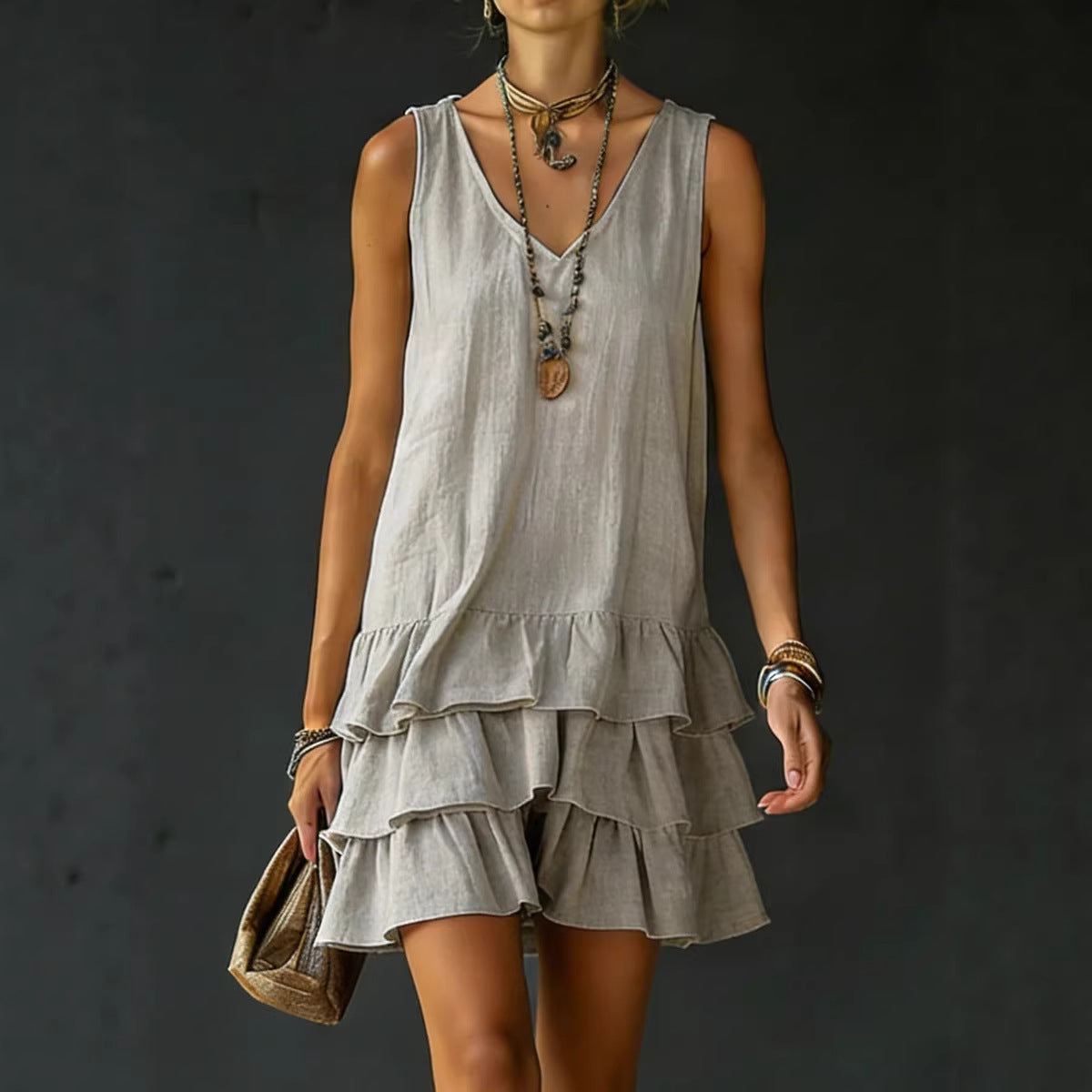 Robe lin-coton col V sans manches