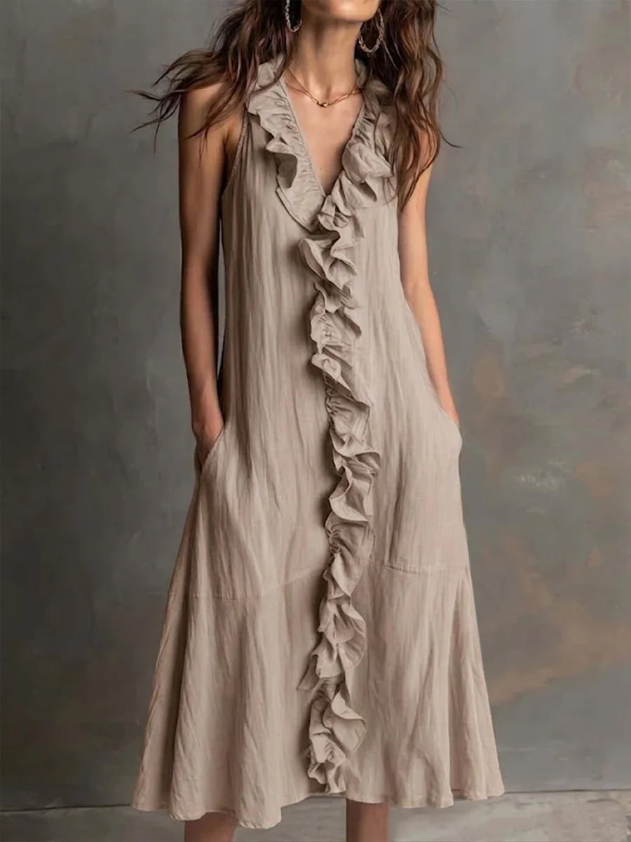 Robe longue lin-coton décolleté V volant