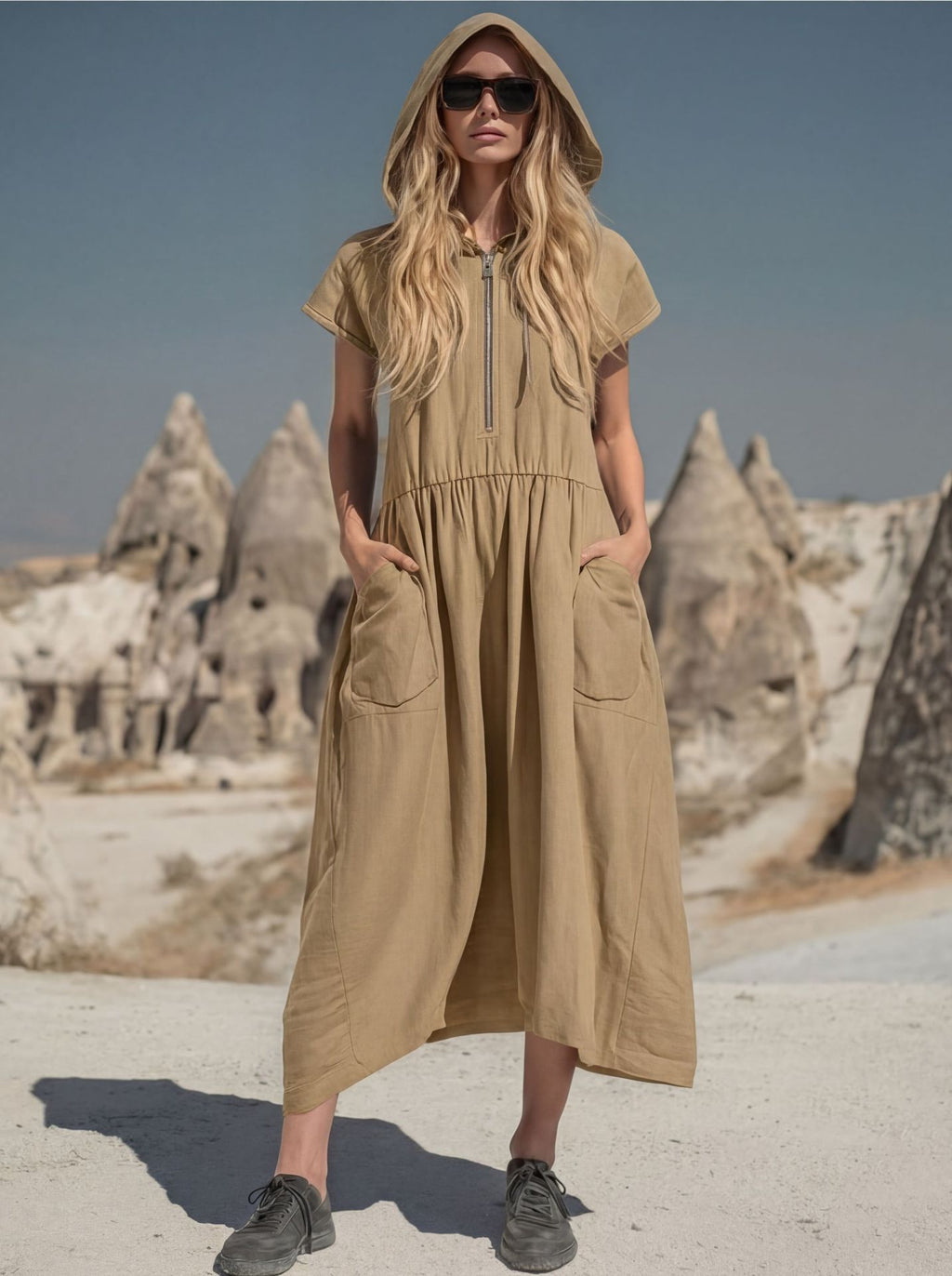Robe midi à capuche et demi-zip