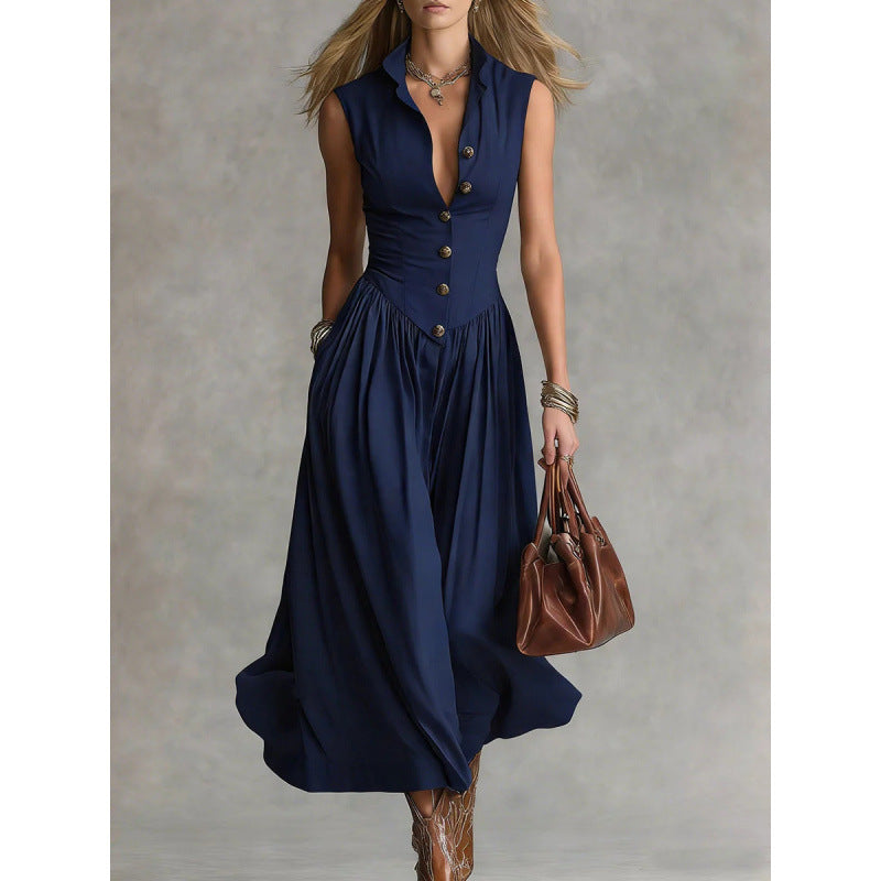 Robe longue épurée à col tailleur et patchwork