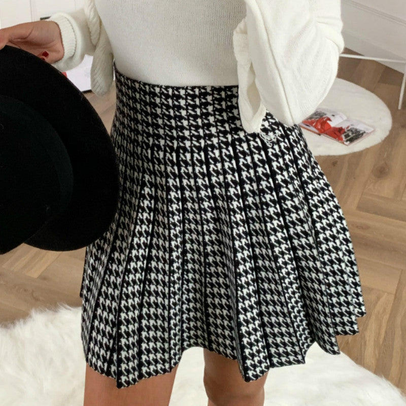 Jupe courte taille haute plissée pied-de-poule - Chic&Shines