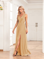 Long double V-neck dress with side slits
