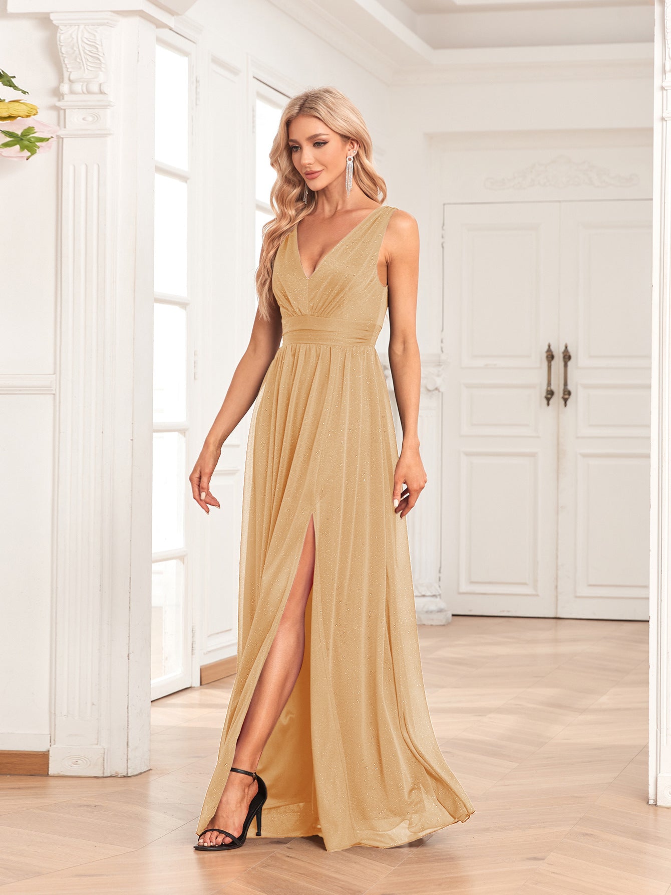 Long double V-neck dress with side slits