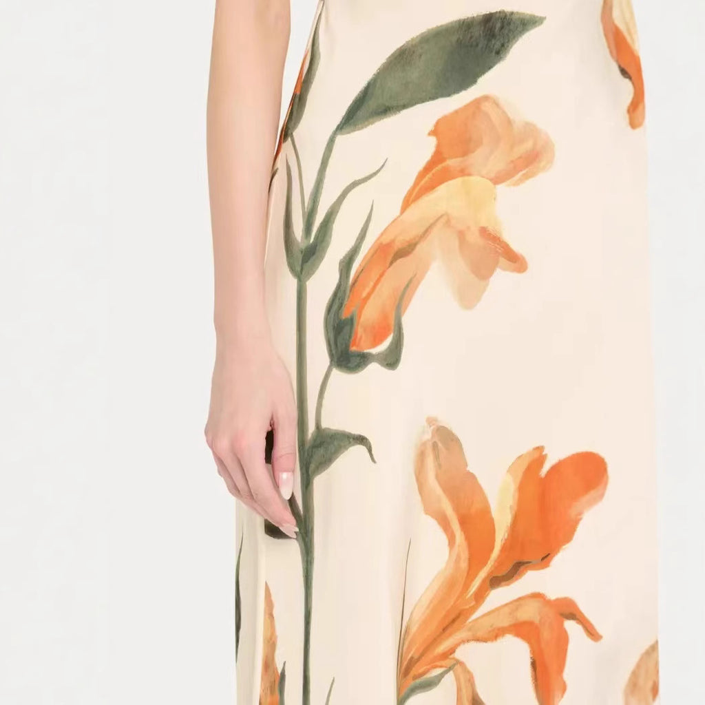 Robe longue fluide col V motif fleuri