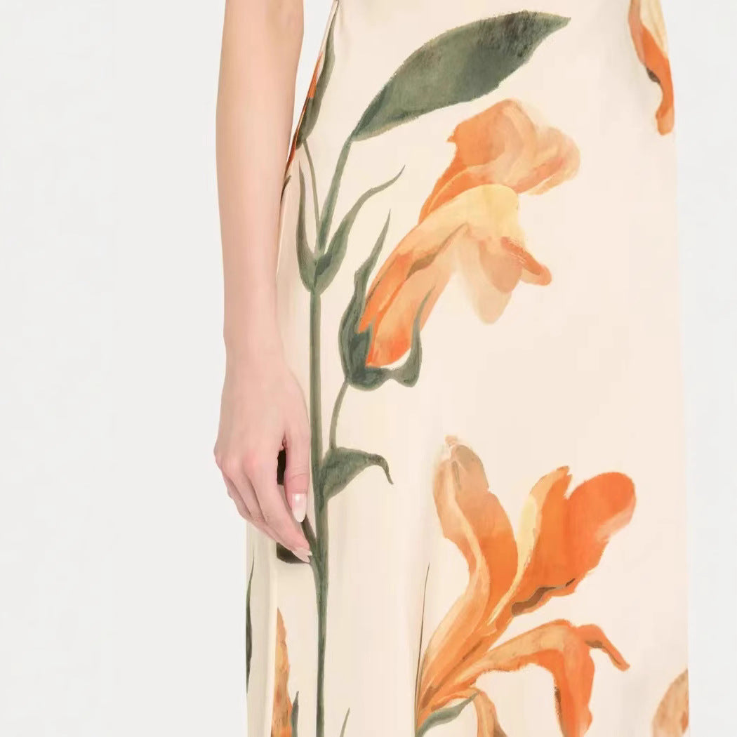 Robe longue fluide col V motif fleuri