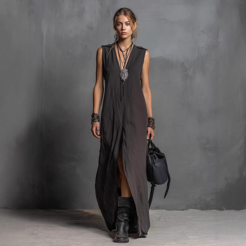 Robe longue fendue à encolure V, coupe ample