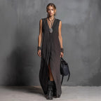 Robe longue fendue à encolure V, coupe ample