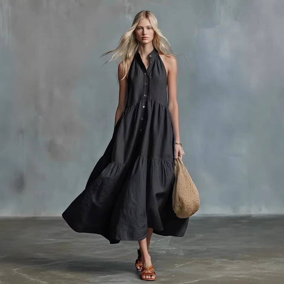 Robe-chemise lin et coton, coupe ample sans manches