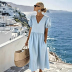 Robe fluide asymétrique en coton-lin bleu clair