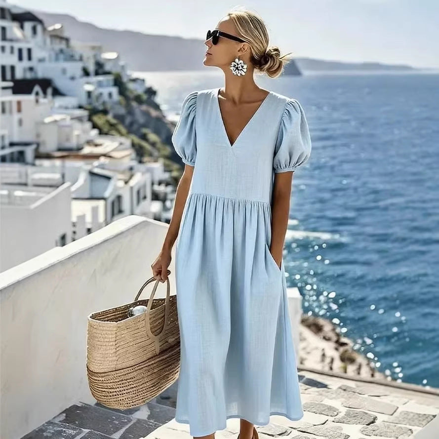 Robe fluide asymétrique en coton-lin bleu clair