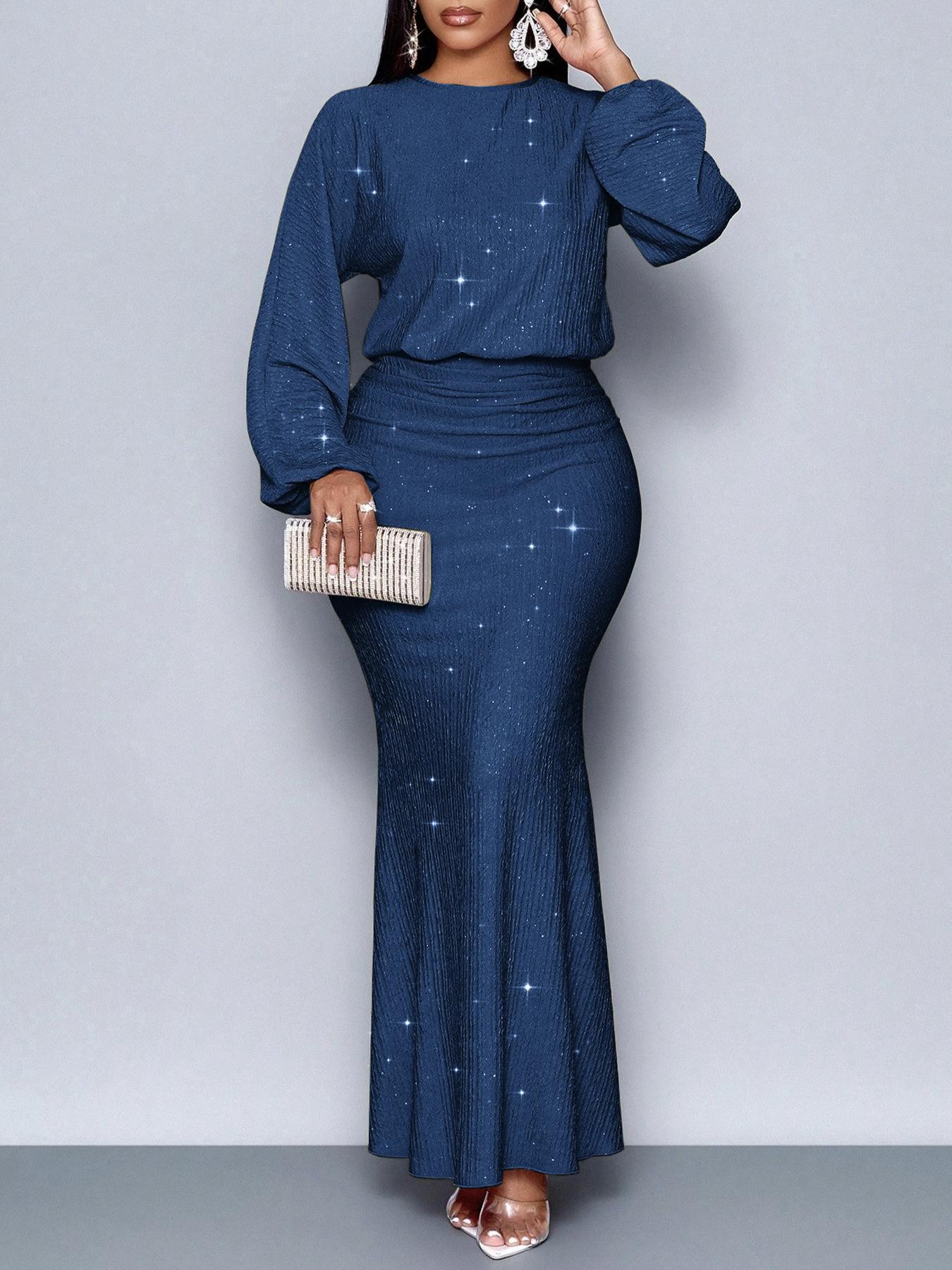 Long-sleeved sequined evening maxi dress