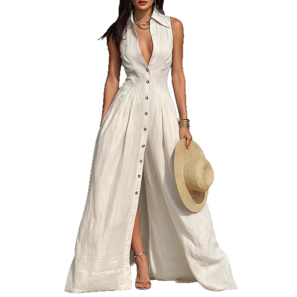Robe chemise sans manches à taille haute